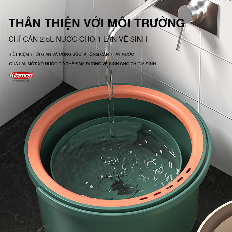 Bộ lau nhà tách nước bẩn Kitimop K22 Plus có thùng lau nhà tự vắt 2 ngăn riêng biệt, cây lau nhà 360 độ lau sàn làm sạch, bảo hành 12 tháng, 2 bông lau