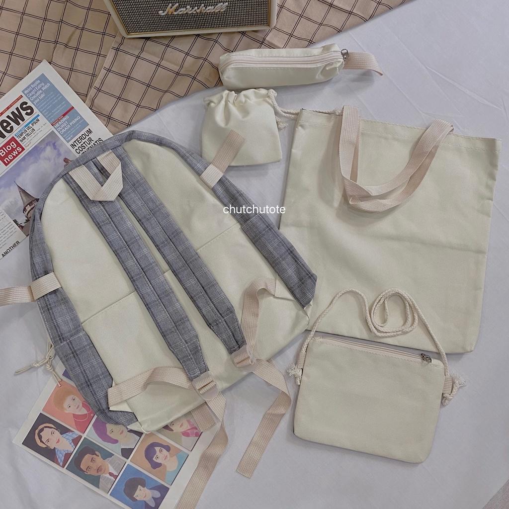 BL145/ Mua 1 Được 5 - Combo Balo Kẻ Caro Đáng Yêu Tặng Kèm Túi Tote + Túi Chéo + Hộp Đựng Bút + Túi Mini