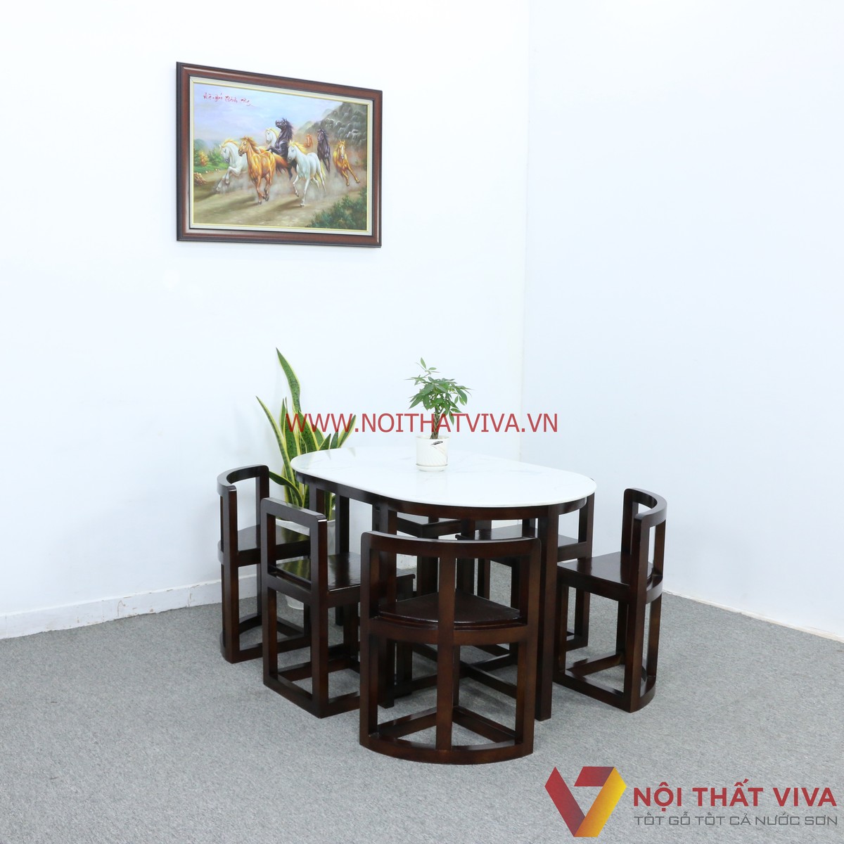 Bộ Bàn Ăn Xếp Gọn 6 Ghế Gỗ Sồi Nga Màu Nâu Mặt Đá Oval Tự Nhiên Đẹp - Bàn: 130 x 75 x 80cm ( dài x rộng x cao ) - Ghế: 70 x 55 cm ( cao x rộng )