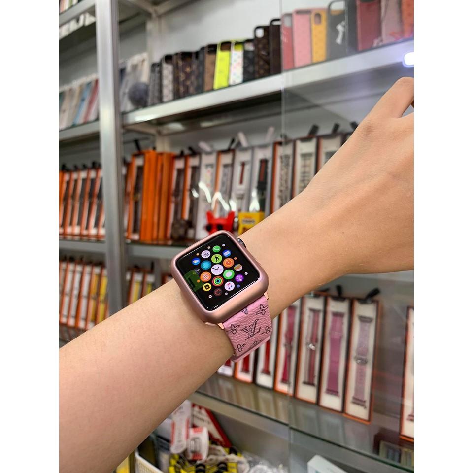 Combo dây da và ốp viền thời trang hồng dành cho Apple Watch