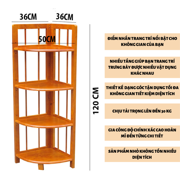 Kệ góc tường 4 tầng gỗ cao su - Kệ góc tường trang trí - để đồ đa năng cao 120 cm-nhiều màu cho bạn lựa chọn