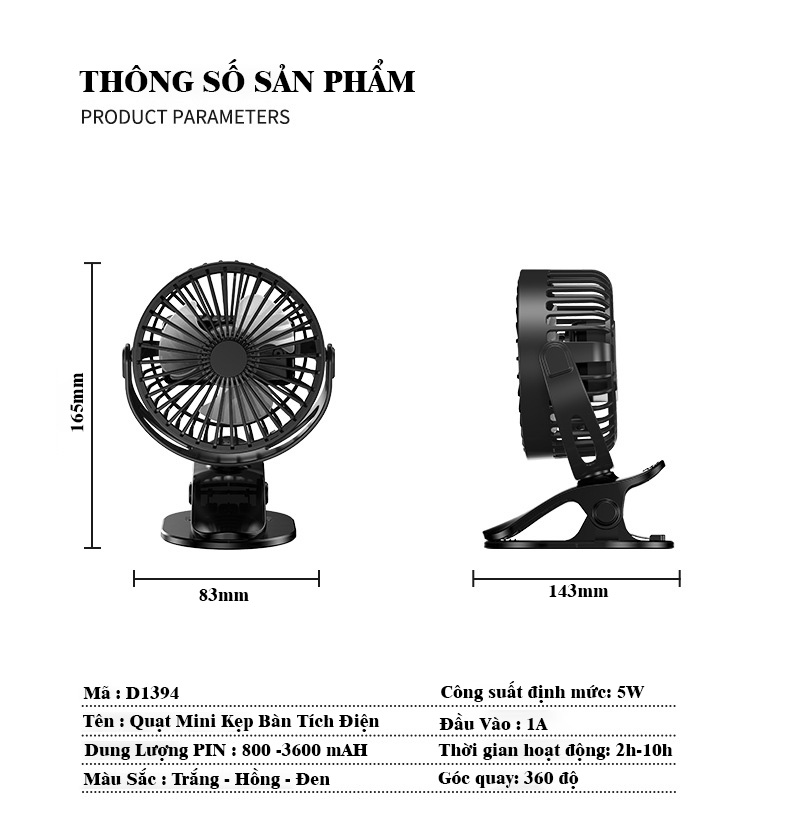 Quạt Mini kẹp bàn Tích Điện, êm ái, an toàn- D1394