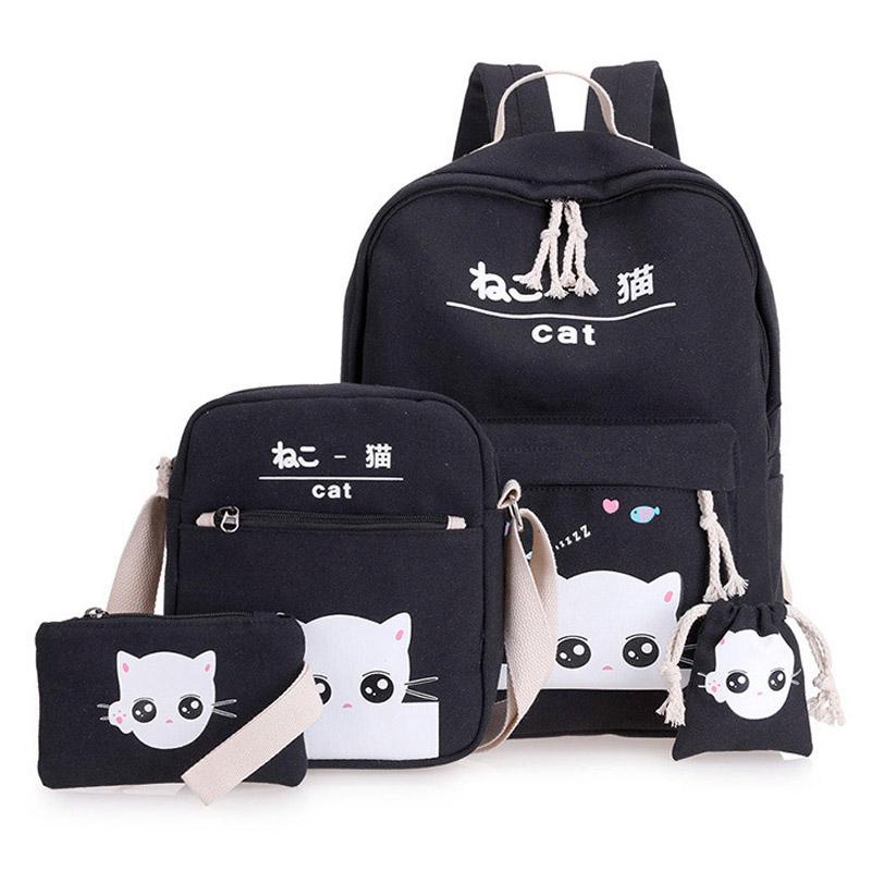 Mèo Hoạt Hình Học Túi Vải Bố Thời Trang Trường Ba Lô 4 Bộ Trẻ Em Học Cho Cô Gái Tuổi Teen Schoolbag Bagpack Túi Đeo Vai