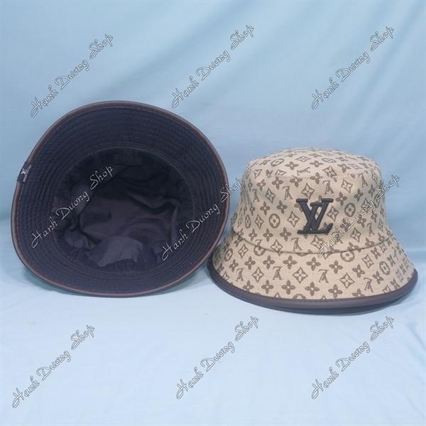 Mũ tai bèo nam nữ nón bucket thêu chữ LV vành có viền da xung quanh chất liệu vải cotton vòng đầu 56-57cm - Kaki đậm