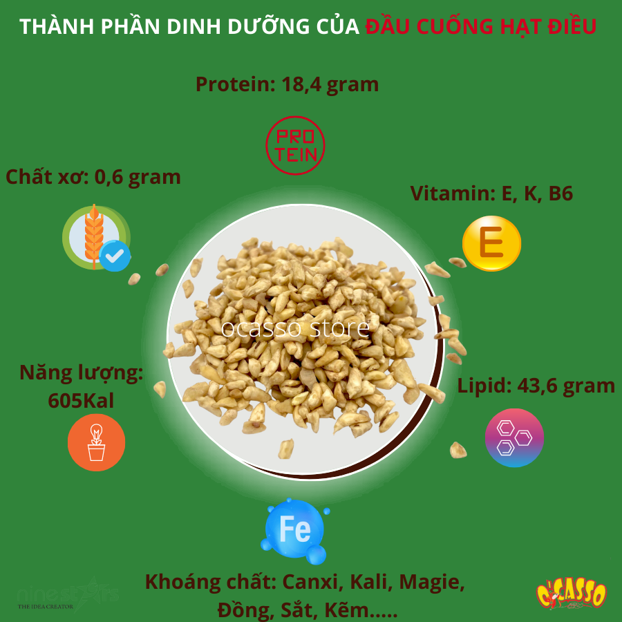 Đầu cuống hạt điều O'Casso ( Mầm điều sống) dùng làm sữa điều, muối mè, bánh kẹo và các món ăn khác dinh dưỡng tốt cho sức khỏe