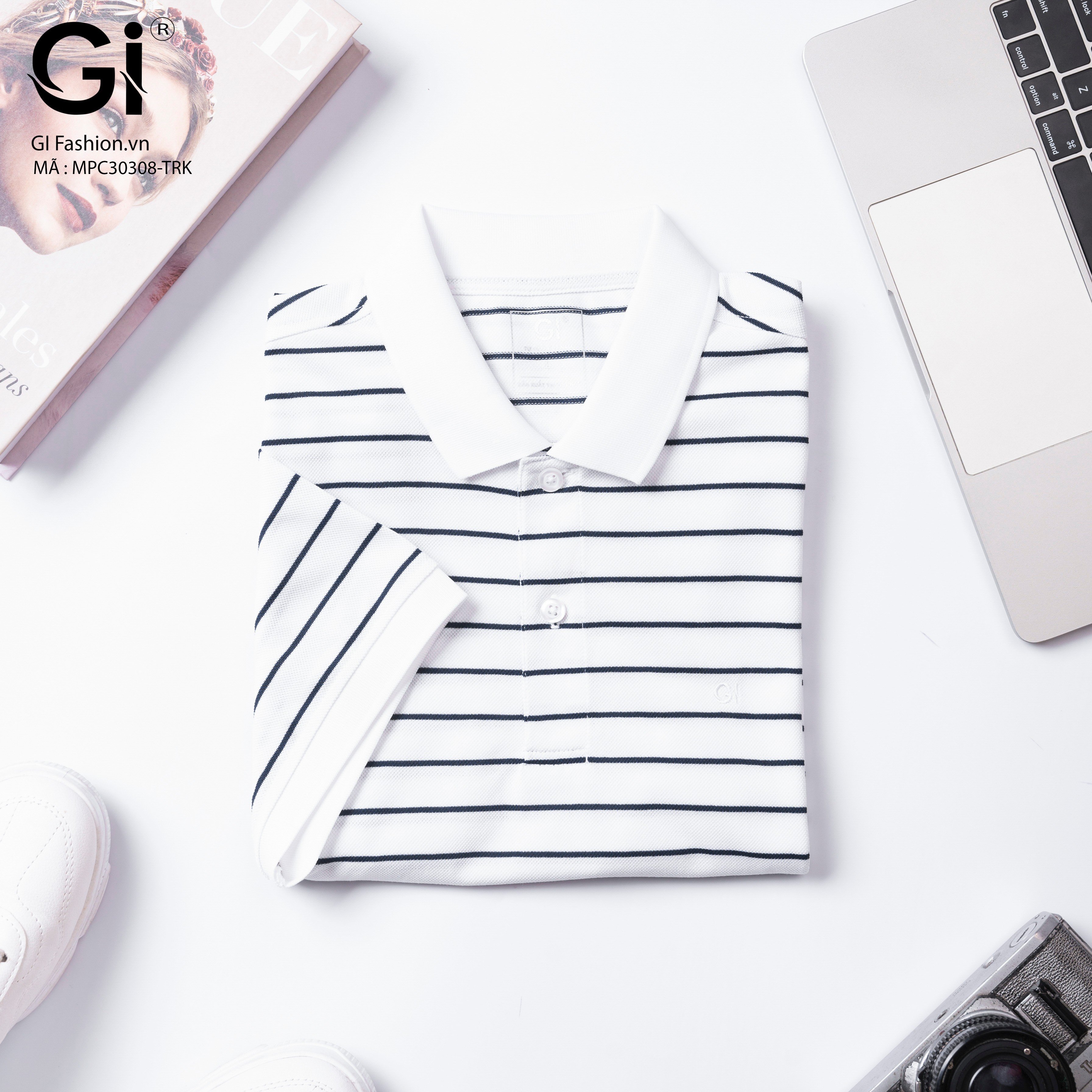 Áo polo nam GI kẻ đen trắng, chất liệu cá sấu Poly