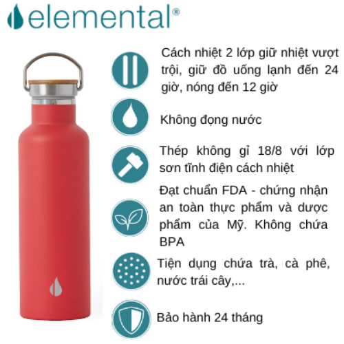 BÌNH GIỮ NHIỆT ELEMENTAL MÀU ĐỎ , BÌNH NHẬP KHẨU MỸ, ĐẠT CHUẨN FDA HOA KỲ, THÉP 304 KHÔNG GỈ, GIỮ NÓNG LẠNH