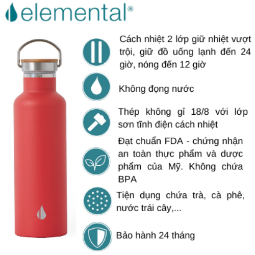 BÌNH GIỮ NHIỆT ELEMENTAL MÀU ĐỎ (750ML), BÌNH NHẬP KHẨU MỸ, ĐẠT CHUẨN FDA HOA KỲ, THÉP 304 KHÔNG GỈ, GIỮ NÓNG LẠNH