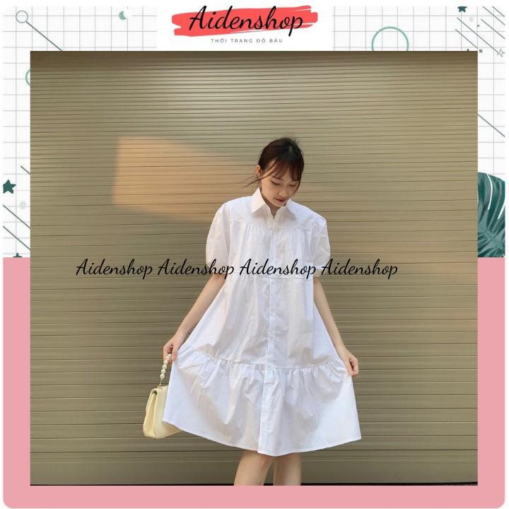 Váy bầu thiết kế Aidenshop đầm bầu thời trang sơ mi suông A chất thô đẹp công sở mát mùa hè