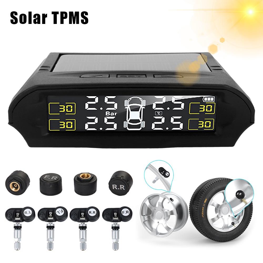 Màn hình LCD kỹ thuật số USB cảnh báo an ninh tự động TPMS với 4 cảm biến/thời gian/áp suất lốp/năng lượng mặt trời