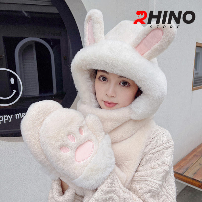 Mũ lông, mũ len kèm khăn quàng Rhino WS101 ấm áp, dễ thương hàng chính hãng