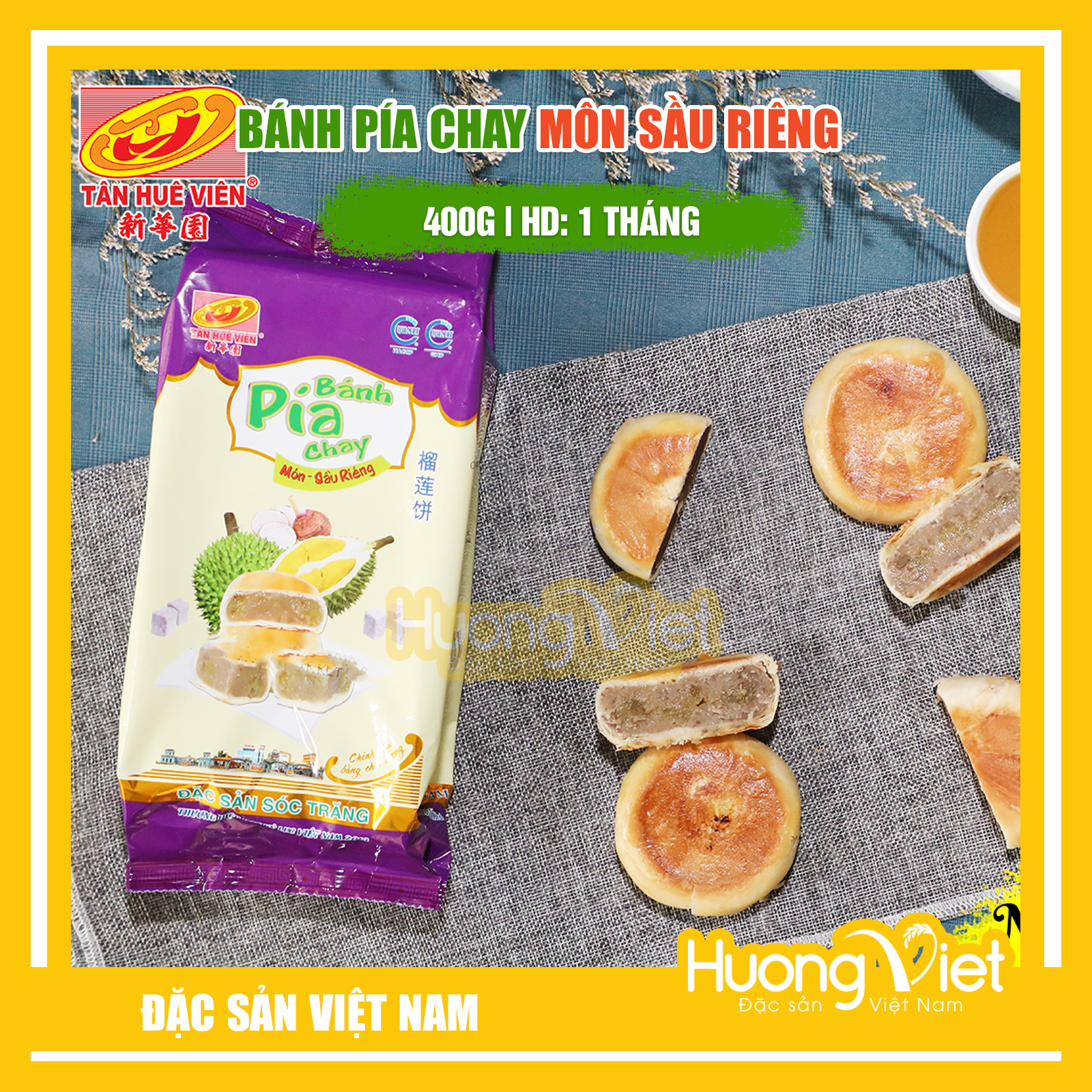 Đặc Sản Sóc Trăng - Bánh Pía Chay Môn Sầu Riêng Tân Huê Viên 400G, Bánh Pía Không Trứng Tân Huê Viên Sóc Trăng