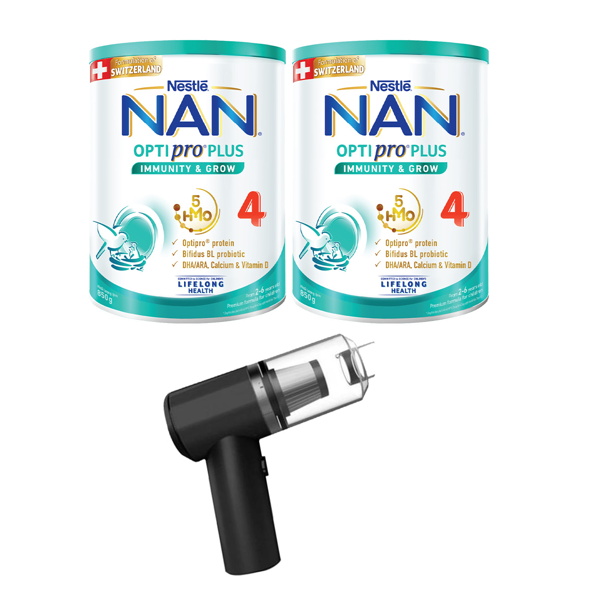 Bộ 2 Lon sữa bột Nestlé NAN OPTIPRO PLUS 4 850g/lon với 5HMO Giúp tiêu hóa tốt + Tăng cường đề kháng (2 - 6 tuổi) - Tặng Máy hút bụi mini