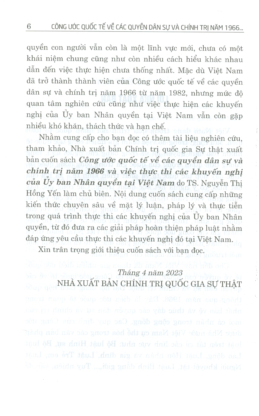 Công ước quốc tế về các quyền dân sự và chính trị năm 1966 và việc thực thi các khuyến nghị của ủy ban nhân quyền tại Việt Nam