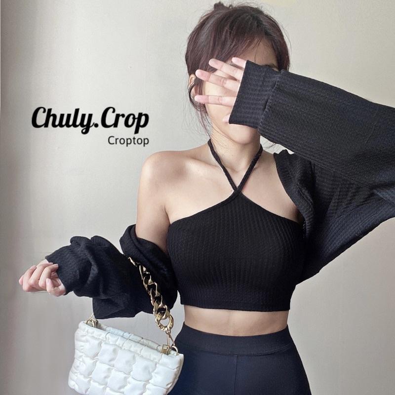 Set áo croptop cổ yếm kèm áo khoác cardigan tay bồng phong cách Hàn Quốc