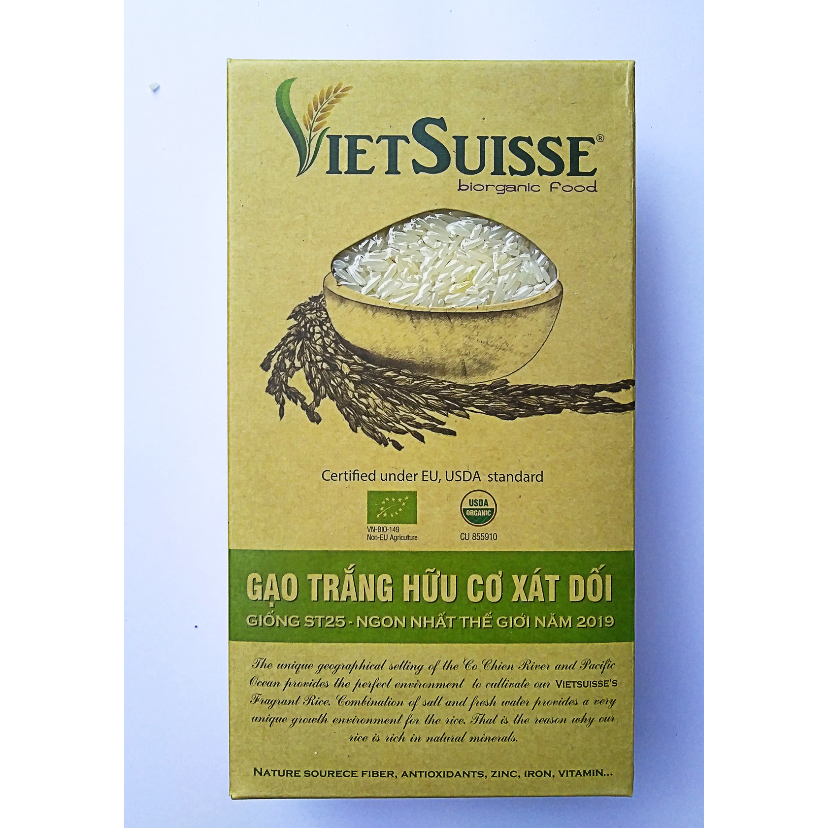 [ORGANIC] Gạo Xát Dối ST25 Hữu Cơ 1Kg - Vietsuisse biorganic food - Gạo còn cám, Cơm mềm, thơm dẻo, vị đậm