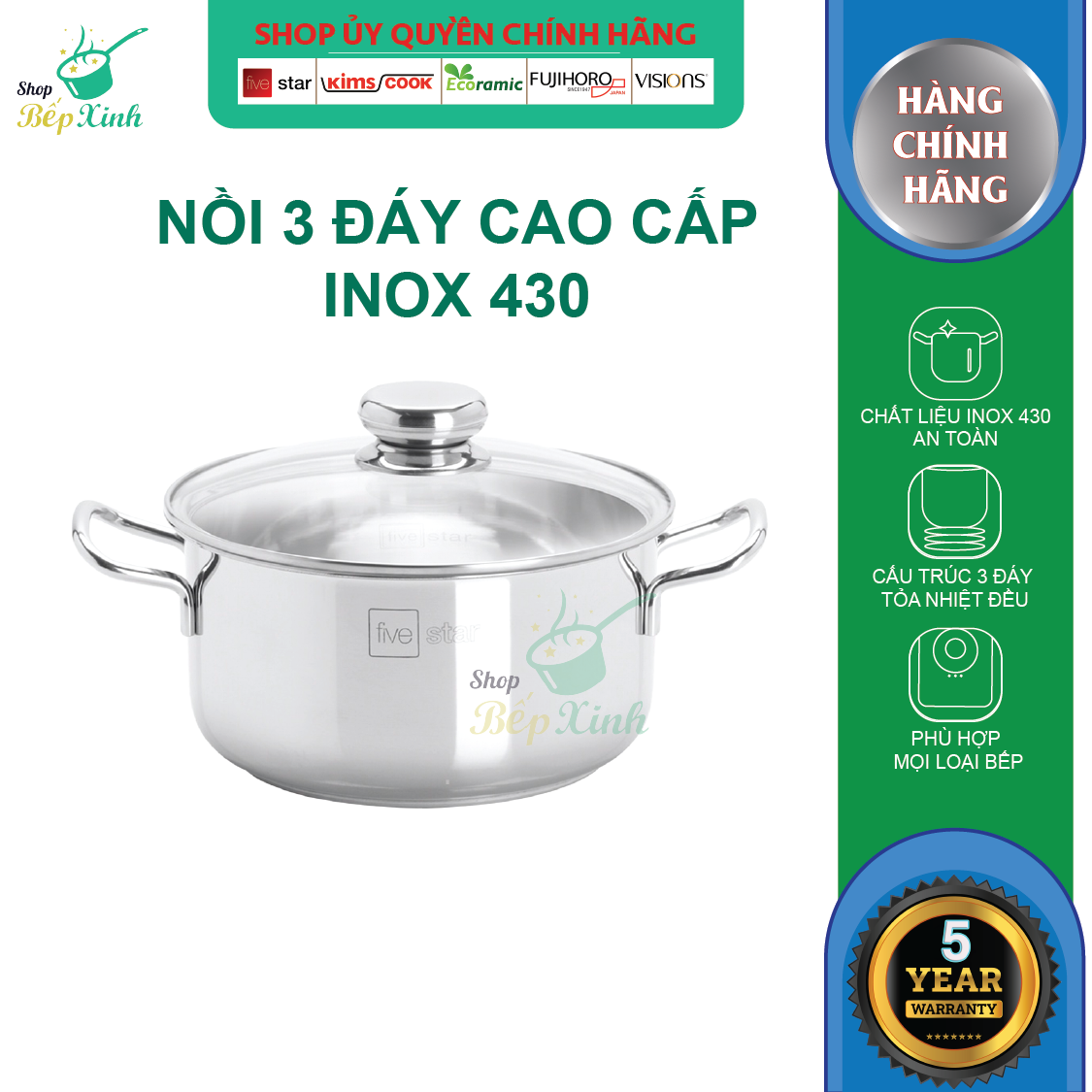 Nồi Inox 430 Bếp Từ 3 Đáy Nắp Kính Fivestar 24cm