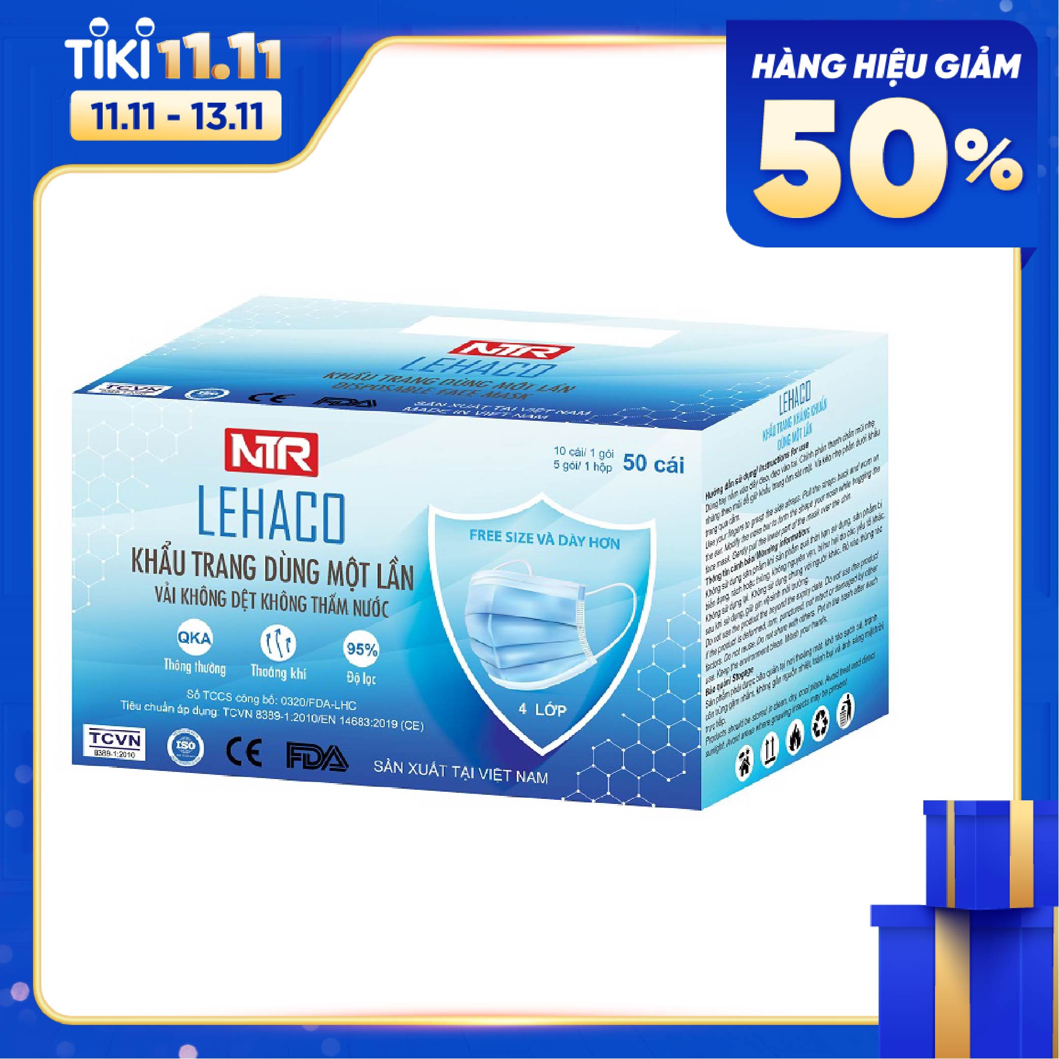 Khẩu trang y tế 4 lớp LEHACO NTR xuất khẩu có CE FDA 50 cái