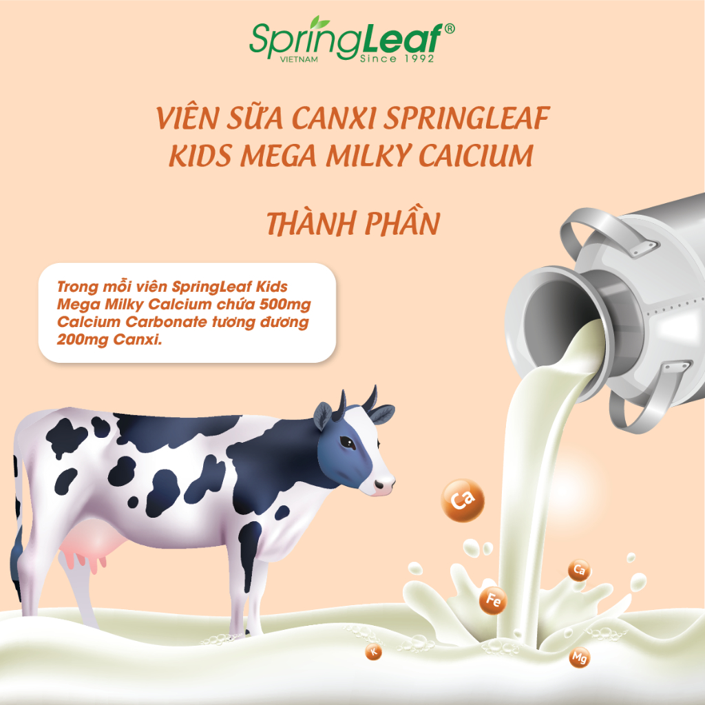 Canxi Sữa phát triển xương, răng và chiều cao của bé SpringLeaf Kids Milk Calcium 120 viên nhai