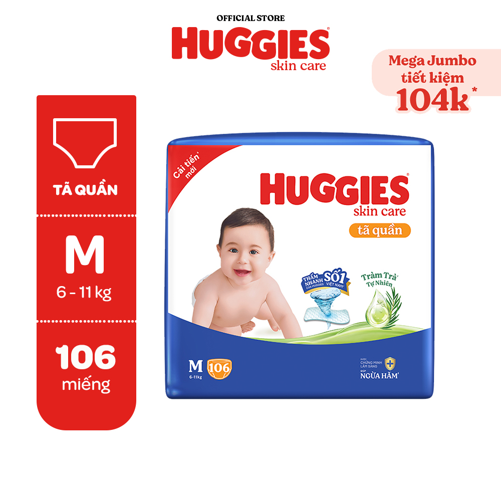 Tặng 8M Cho L96 Hoăc 4M Cho Xl84Xxl76 Tã Quần Huggies Skincare Mega Jumbo M106L968Xl844Xxl764 - Size M 106 Miếng