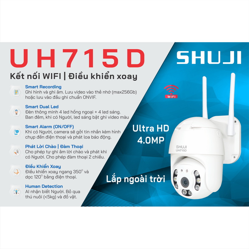 Camera Wifi không dây SHUJI UH715D -Lắp ngoài trời- Ban đêm có màu - Báo động hụ còi bật đèn khi có trộm đột nhập - Độ phân giải 4.0MP cho hình ảnh đẹp gấp đôi Full HD1080 - Hàng chính hãng