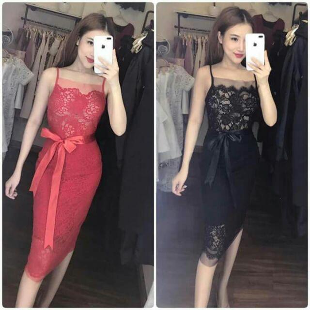 Đầm body ren 2 dây thắt nơ
