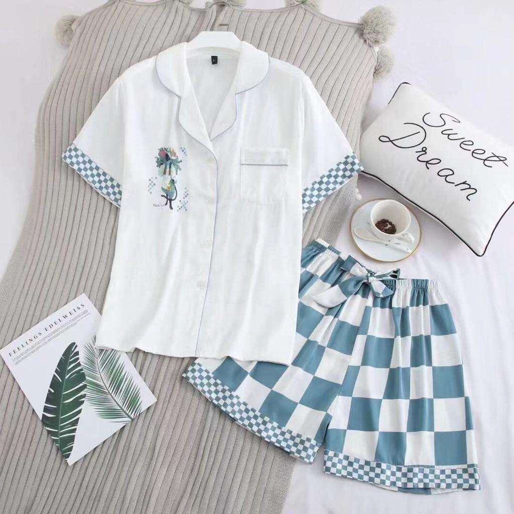 Bộ đồ ngủ lụa Pijama cộc tay cao cấp họa tết kẻ caro