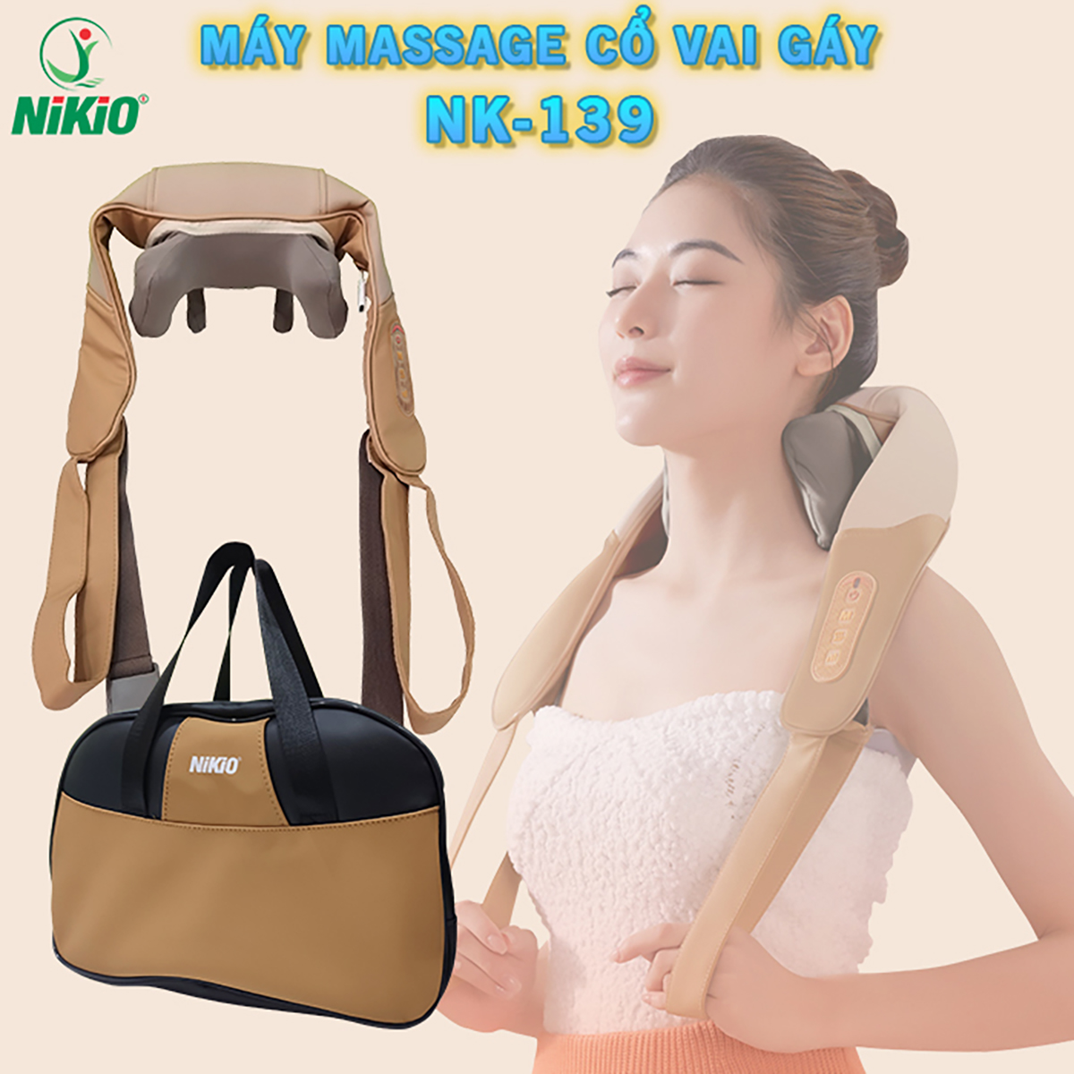 Máy massage cổ vai gáy Nikio NK-139 - Pin sạc, matxa xoa bóp day ấn kết hợp nhiệt nóng, dòng cao cấp. Có túi xách