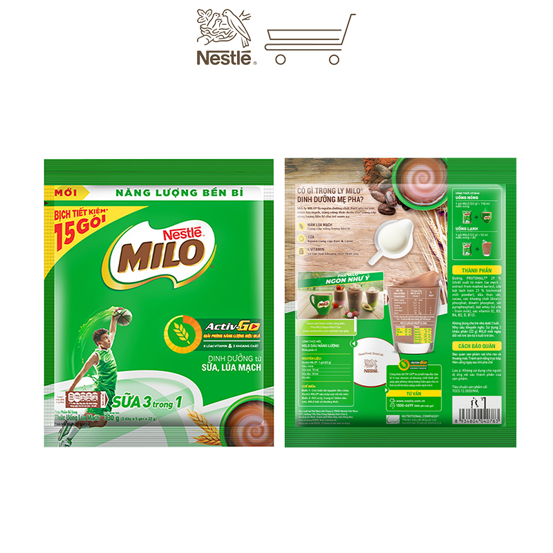 Thức uống lúa mạch Nestlé Milo sữa 3 trong 1 (Bịch 15 gói x 22g)