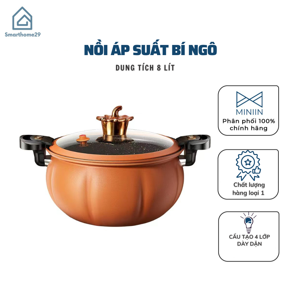 Nồi Áp Suất Bí Ngô Thông Minh Nồi Hầm 4in1 Đa Năng 8L , Hầm Gà, Cháo - Nồi Chiên, Xào, Nấu Lẩu, Nấu Cơm - Tặng Kèm Xửng Hấp - Chính Hãng MINIIN