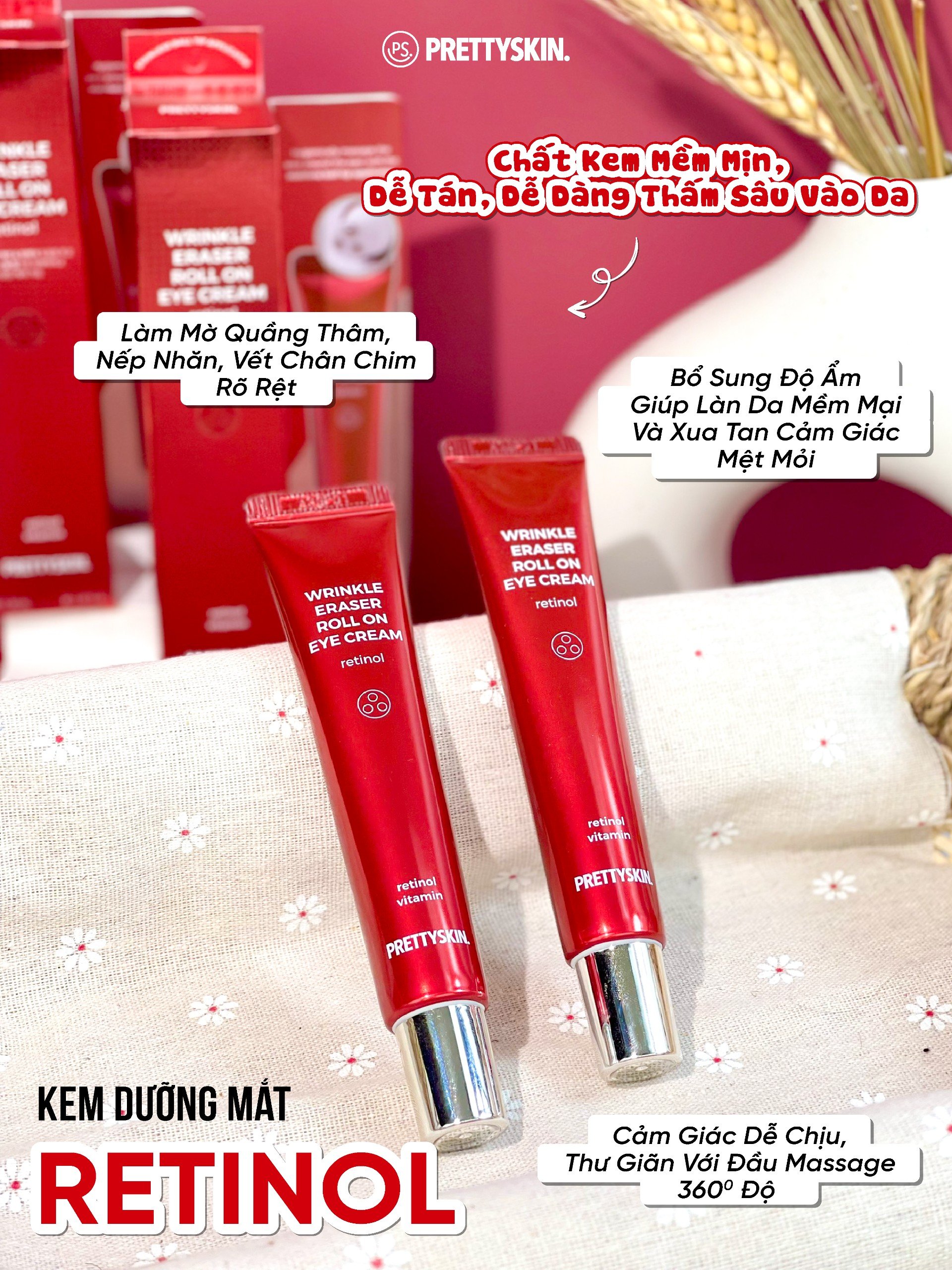 Kem dưỡng mắt giảm mờ thâm quầng mắt Retinol Pretty Skin, cải thiện nếp nhăn Prettyskin Wrinkle eraser roll on eye cream