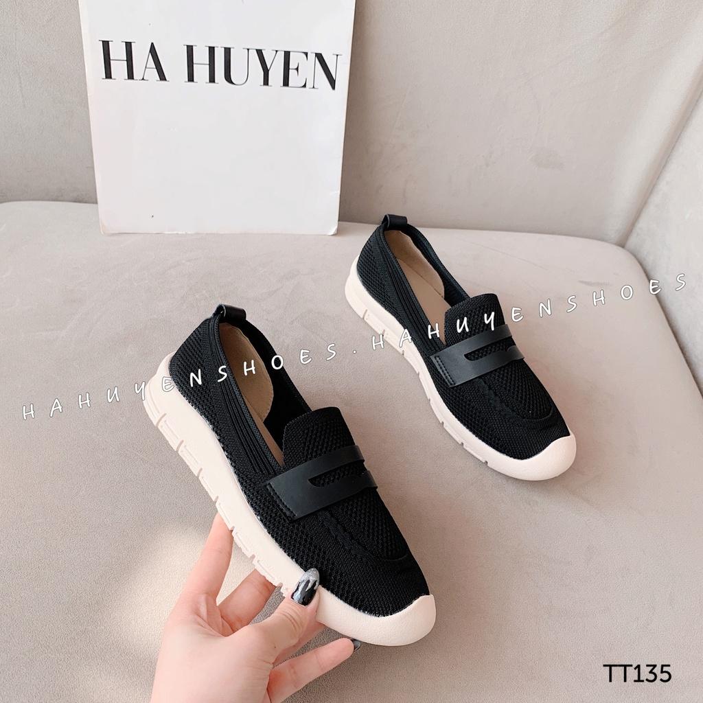 Giày slip on nữ Hà Huyền Shoes vải len lỗ phối đai da ngang dáng thể thao năng động - TT135