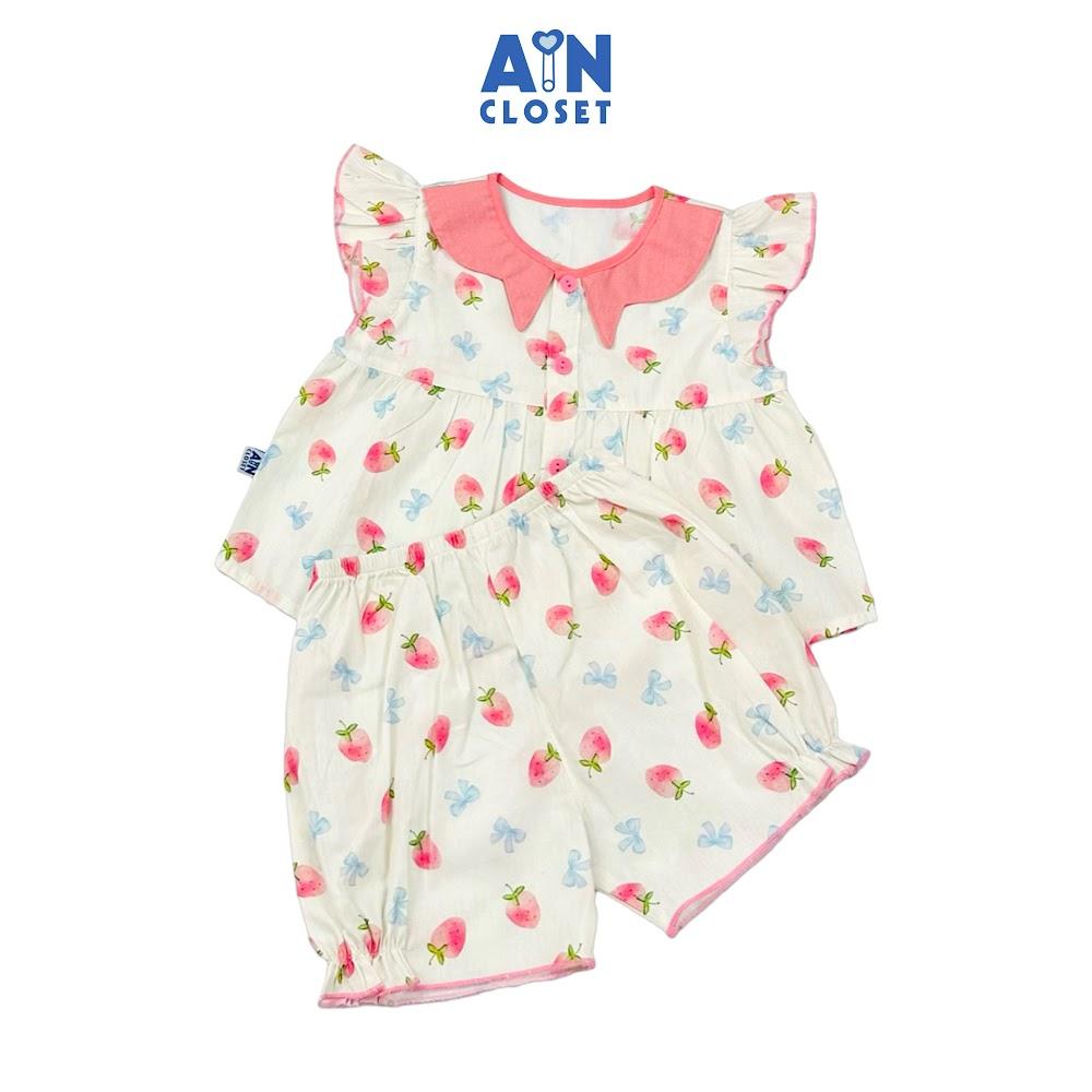 Bộ quần áo Ngắn bé gái họa tiết Dâu Snow Pink Cotton - AICDBGUTYO0H - AIN Closet