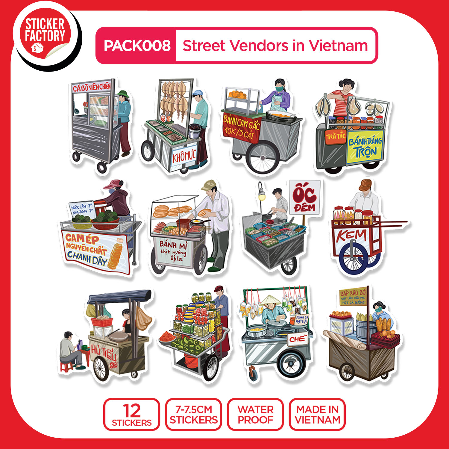 PACK008 Street Vendors in Vietnam - Set 12 hình dán Die Cut Sticker Pack Sticker Factory