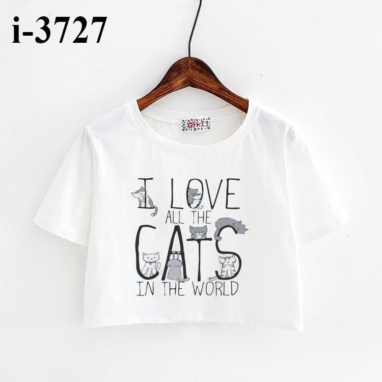 M3727 Áo Thun Nữ Croptop In I LOVE CATS