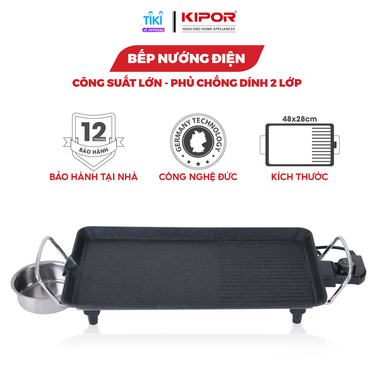 Bếp nướng điện không khói KIPOR KP-GR4828 - Mặt bếp lớn phủ chống dính WHITFORD của USA cao cấp dễ vệ sinh -Hàng chính hãng