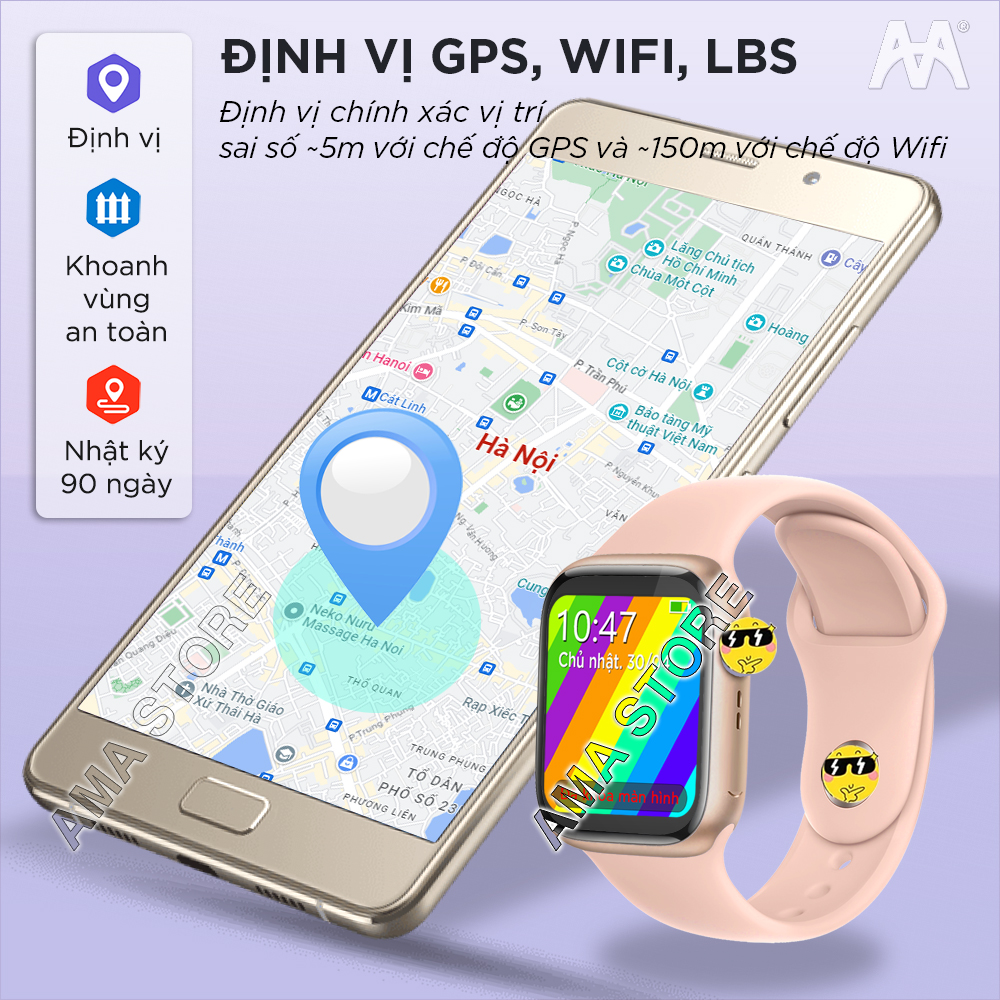 Đồng hồ Thông minh Trẻ em Học sinh Tiểu học, THCS, THPT Chống nước Gắn sim Định vị GPS, Wifi Smart Watch AMA HW13 Hàng nhập khẩu