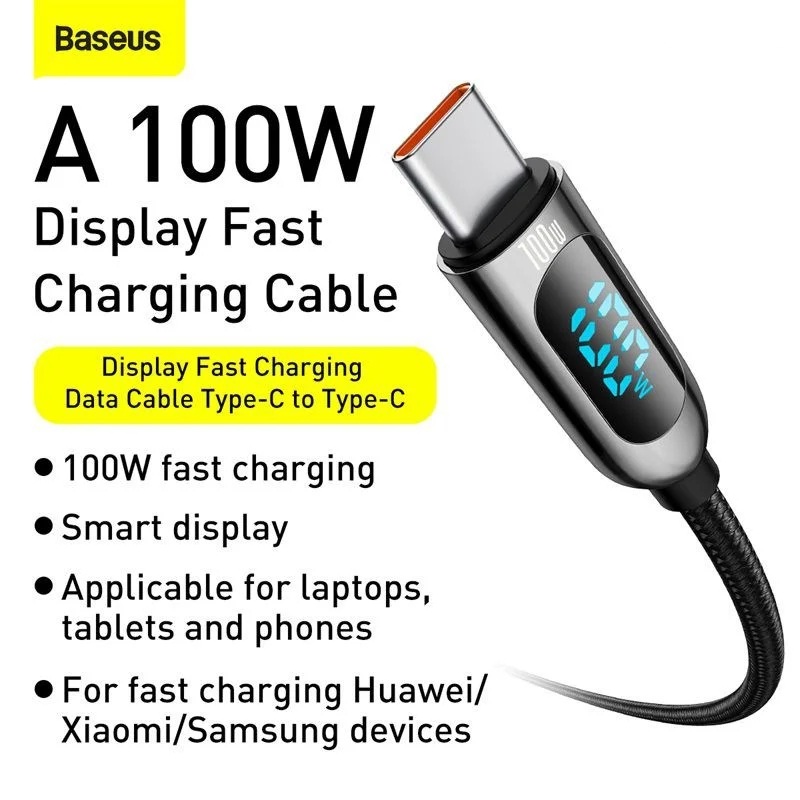 Dây cáp sạc Type C sạc nhanh 100W chuẩn PD 3.0 Type C to Type C hiệu Baseus Display Fast Charging Data Cable trang bị màn hình LED chuẩn 5A/QC 4.0, Smartchip - hàng nhập khẩu