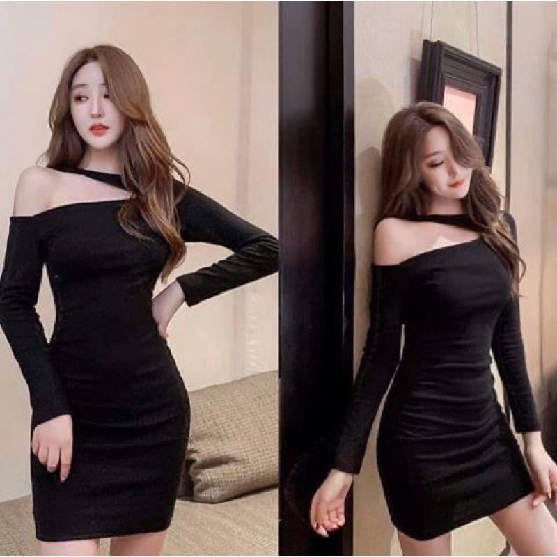 F503 Đầm ôm body cổ xéo, khoét vai ngang sâu