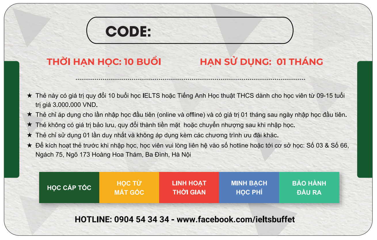 THẺ HỌC MIỄN PHÍ IELTS VÀ TIẾNG ANH HỌC THUẬT THCS