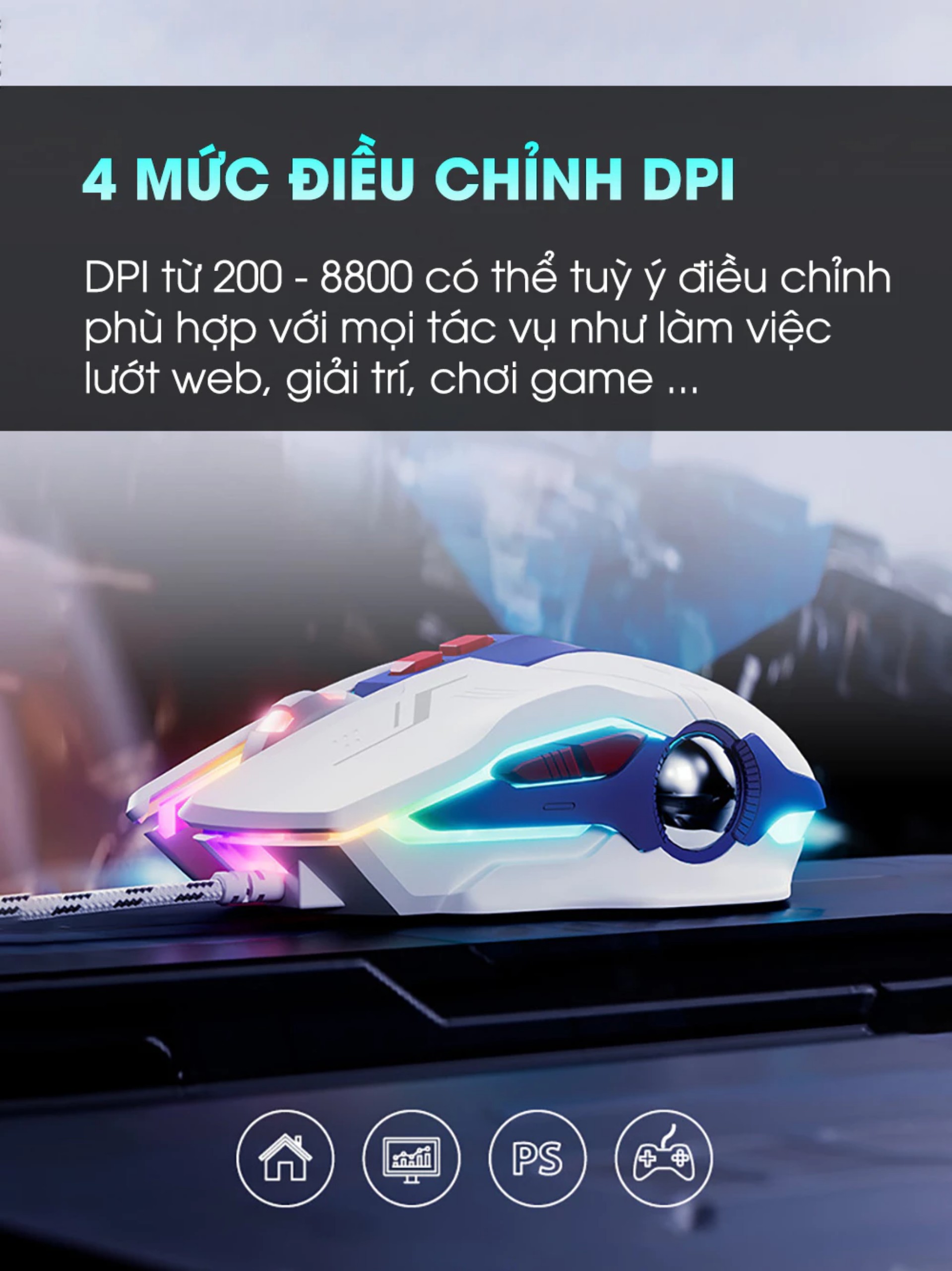 Chuột gaming máy tính có dây TEKKIN INPHIC W9 GUNDAM click silent chống ồn DPI 4000 cho gamer - hàng chính hãng