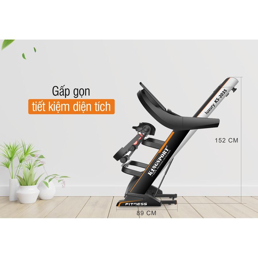 Máy chạy bộ KINGSPORT KS-2035 đa năng, thao tác phím cảm ứng, thiết kế sang trọng cứng cáp, kèm đai massage và thanh gập bụng, cân nặng phù hợp từ dưới 90-95kg