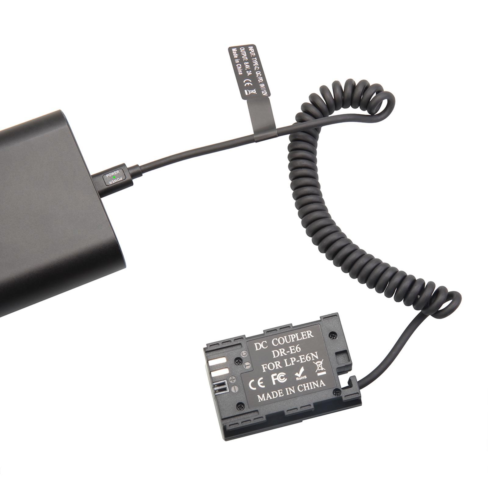 Dummy Battery Adapter Spring Cable, Type C/Usb-C to LP E6 for R R5 R6 90D 5D Mark II III IV