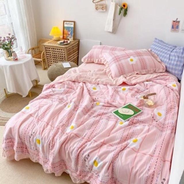 Set Cotton Đũi Hàn Quốc Hàng Nhập Khẩu Cao Cấp 4 Món Chăn Trần Liền Hoa Kẻ Hồng