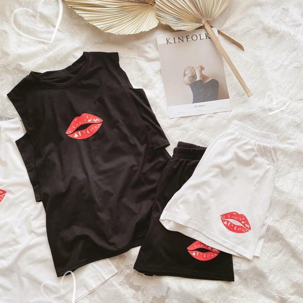 Bộ TankTop Nữ In Hình Đôi Môi ,Áo 3 Lỗ Quần Đùi Nữ Dáng Rộng 2 Màu X080