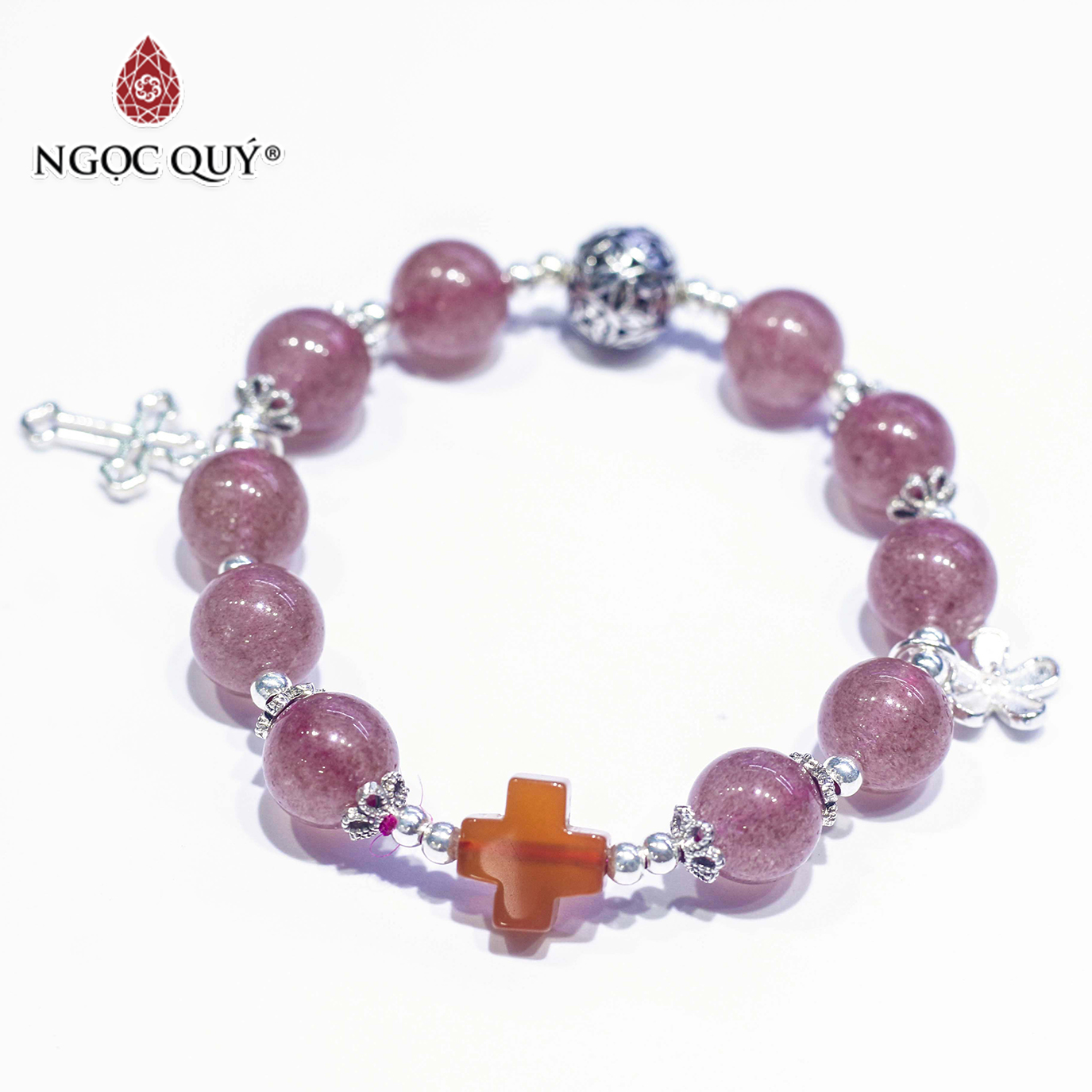 Vòng mân côi đá thạch anh dâu phối charm bạc mệnh hỏa, thổ - Ngọc Quý Gemstones