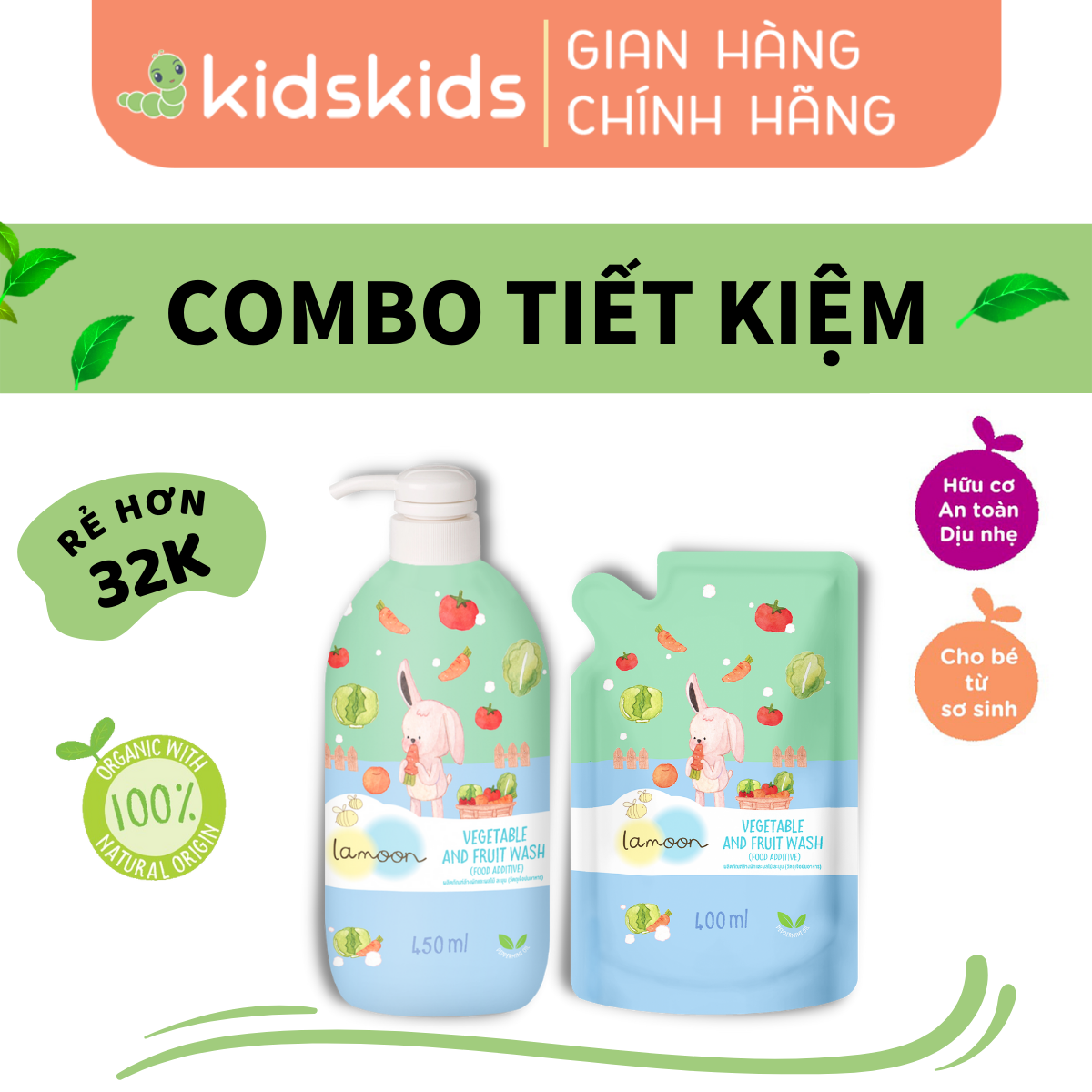 COMBO Nước rửa rau củ quả Organic an toàn cho bé Lamoon dạng Bình 450ml + Túi refill 400ml