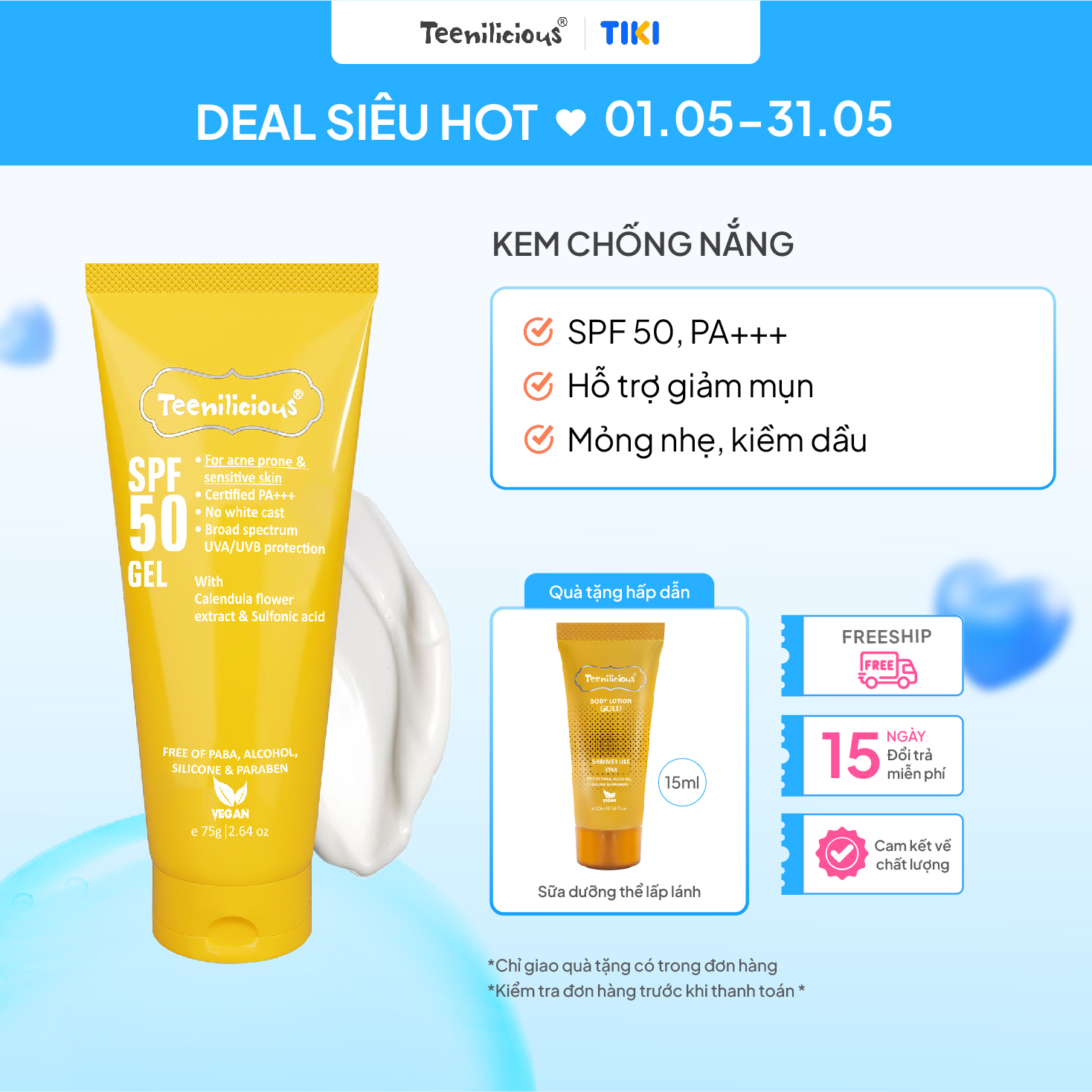 Kem Chống Nắng Teenilicious SPF 50 PA+++ Gel Mỏng Nhẹ Dành Cho Da Dầu Mụn Và Nhạy Cảm 75g
