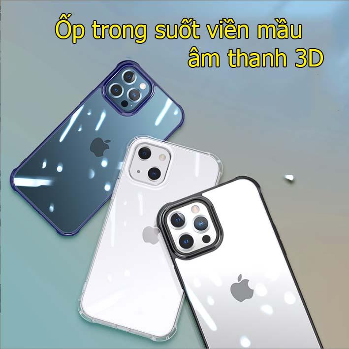 Ốp iPhone 13 pro max/12 trong suốt viền bóng chống sốc âm thanh 3D