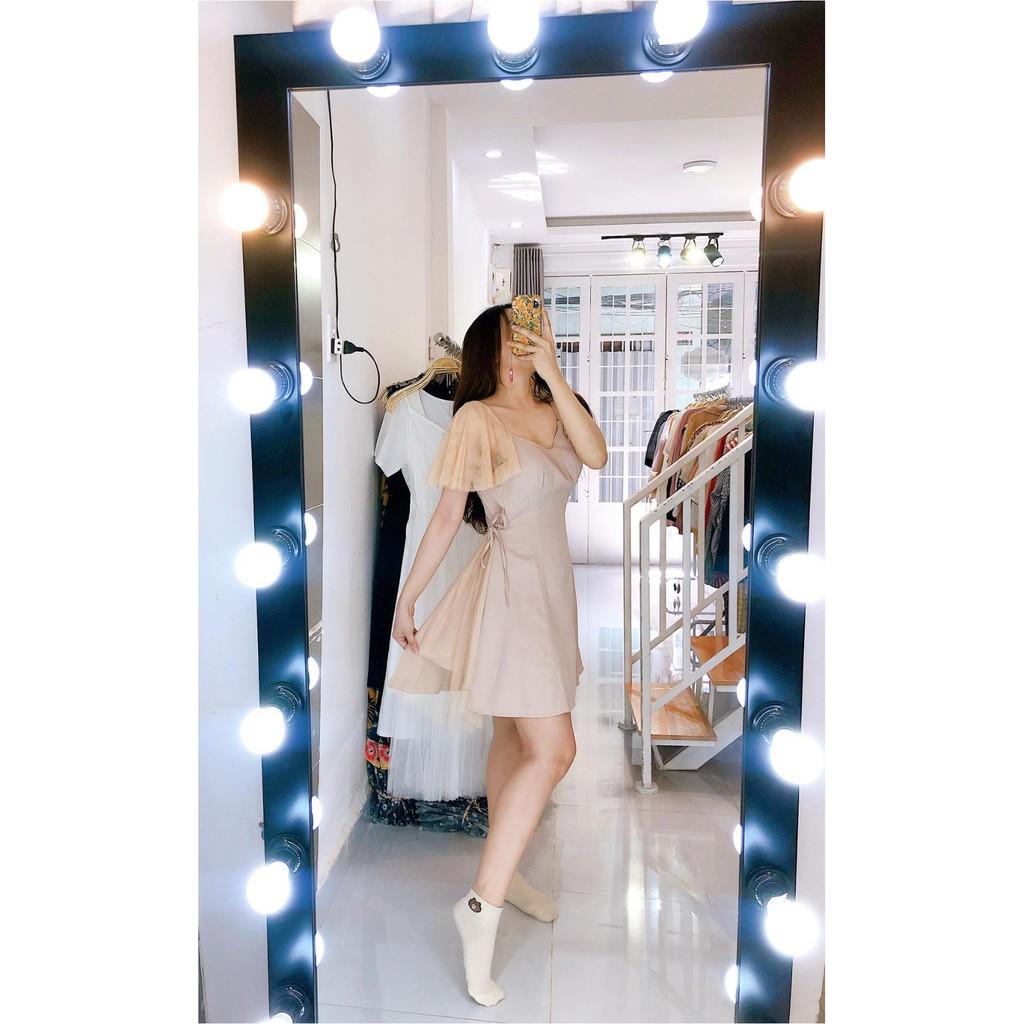ĐẦM THẮT EO TAY LƯỚI CỔ V